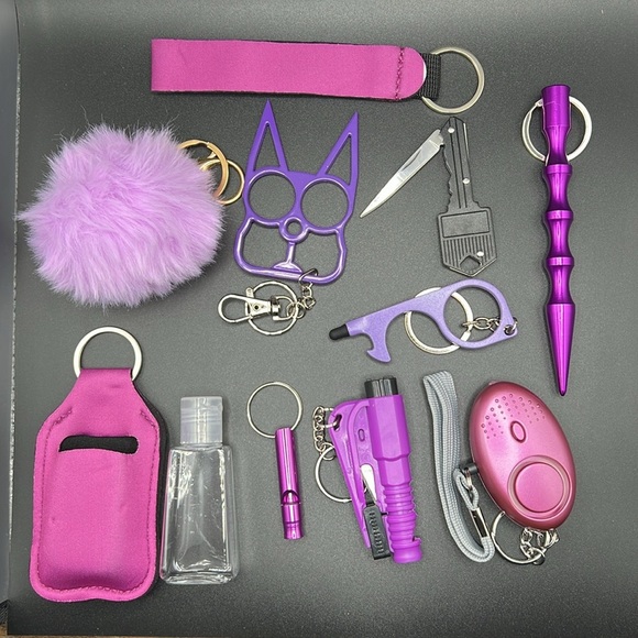 Self Defense Jewelry - Set of 11 Purple Black Self Defense Keychain w/Kitty Knuckles